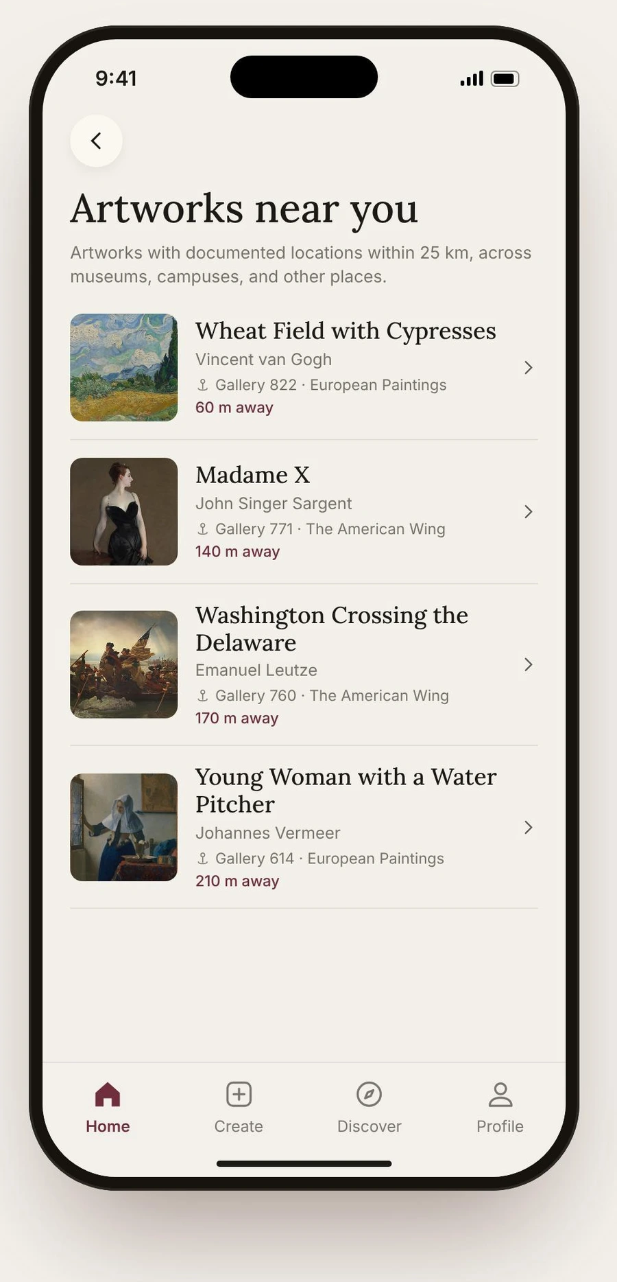 Artworks near you: an illustrative list of four works at The Met, including Wheat Field with Cypresses and Madame X, with gallery locations and distances.