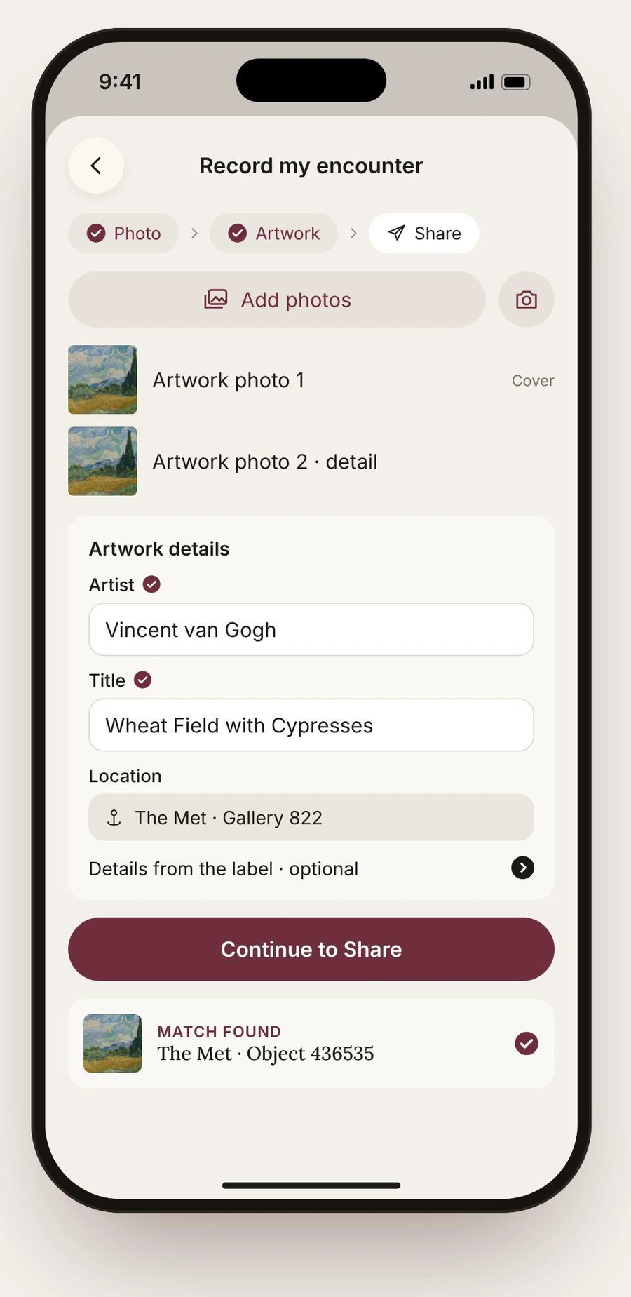 Record my encounter: photos of Wheat Field with Cypresses, confirmed artist and title, and a location at The Met.
