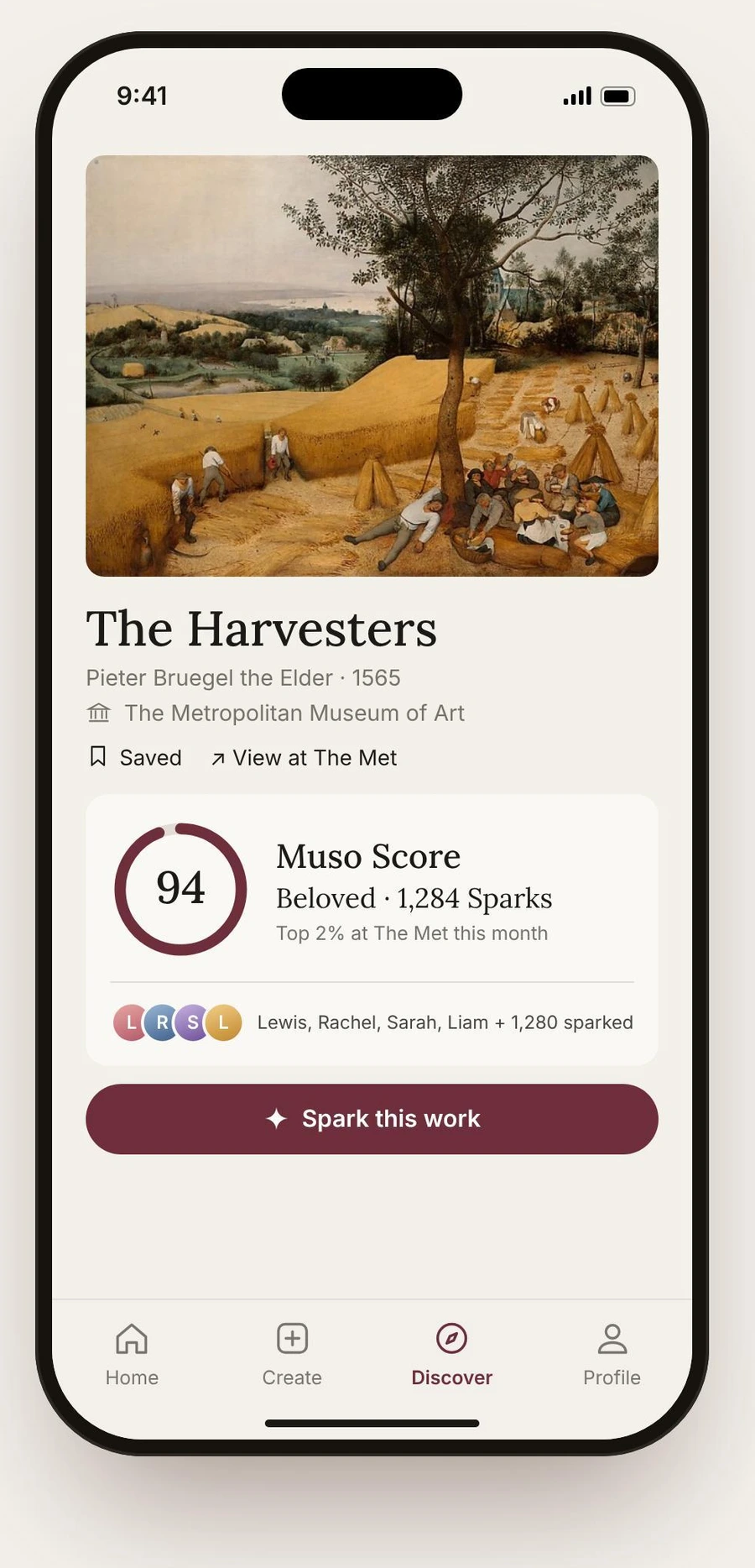 The Harvesters by Pieter Bruegel the Elder, with an illustrative Muso Score of 94 and a Spark this work option.