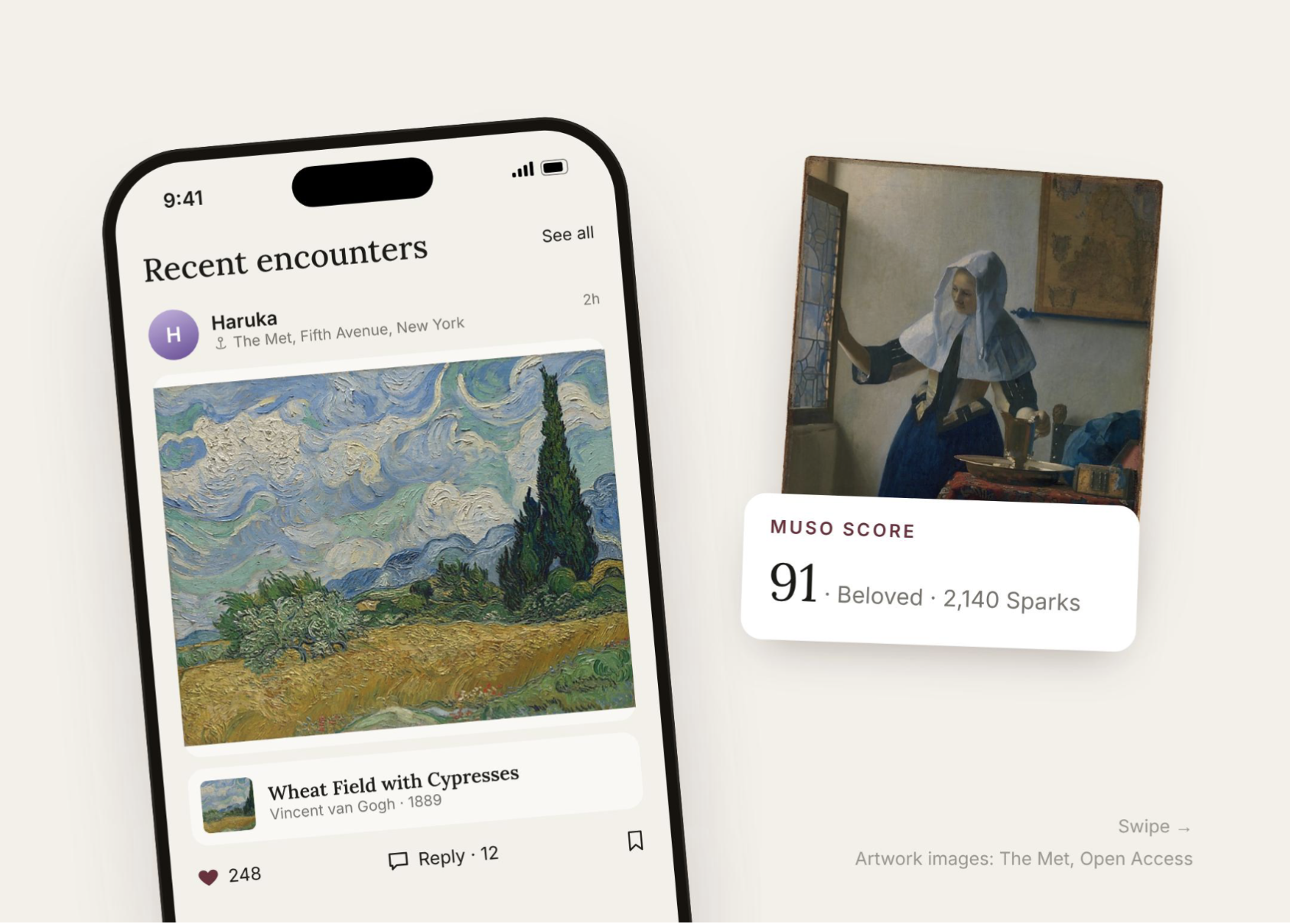 Muso’s recent encounters feed showing Wheat Field with Cypresses and its reactions, beside a Vermeer artwork with an illustrative Muso Score of 91.